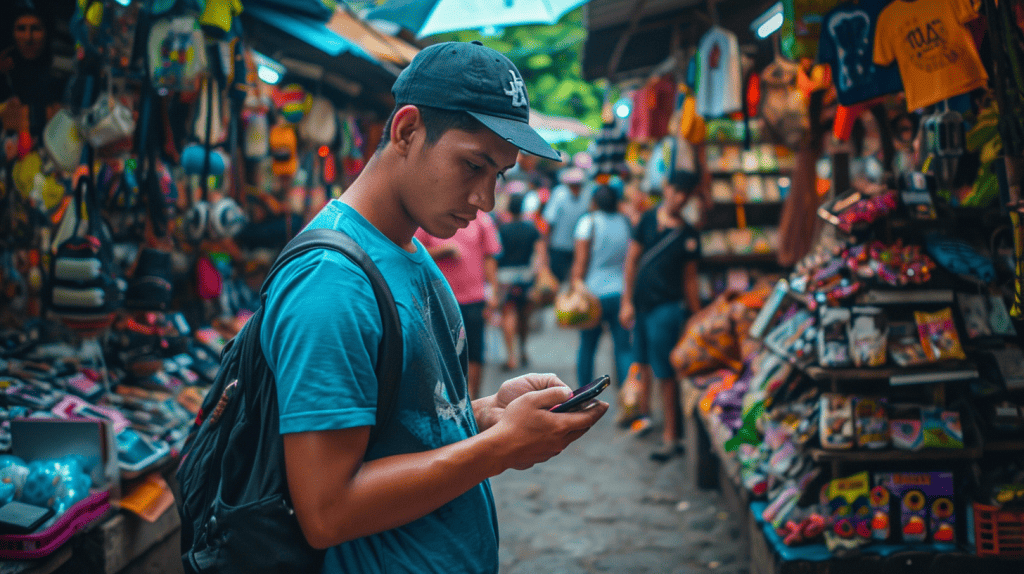 Man in street using his mobile phone, eSim vs Local SIM
