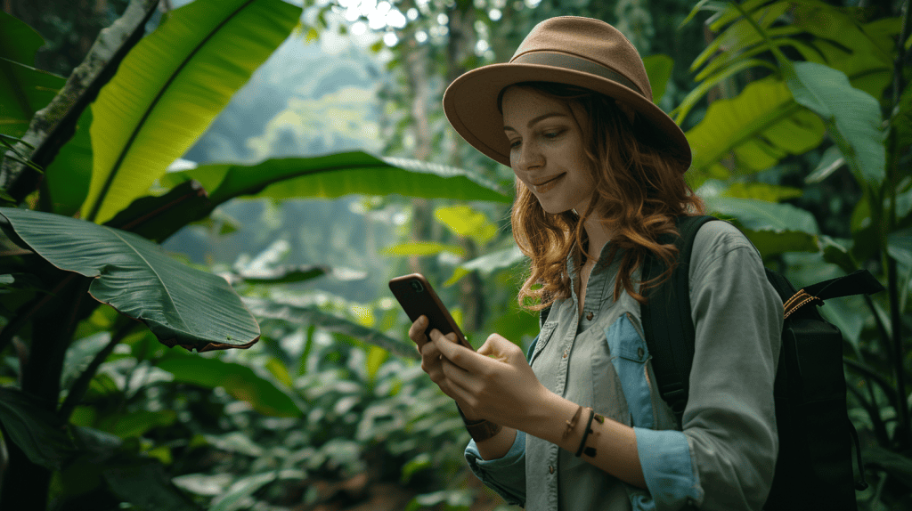 A traveler changing SIM card in front of world map. A woman using her phone in the rainforest of Costa Rica