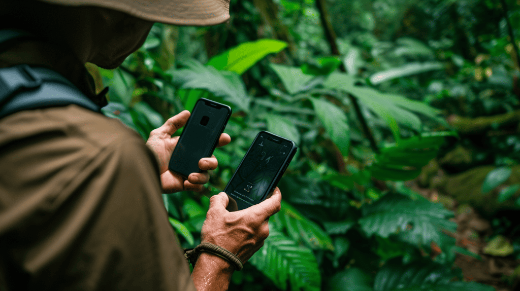 A comparison of eSIM and traditional SIM card on a world map. A man searching for signal with two different phones
