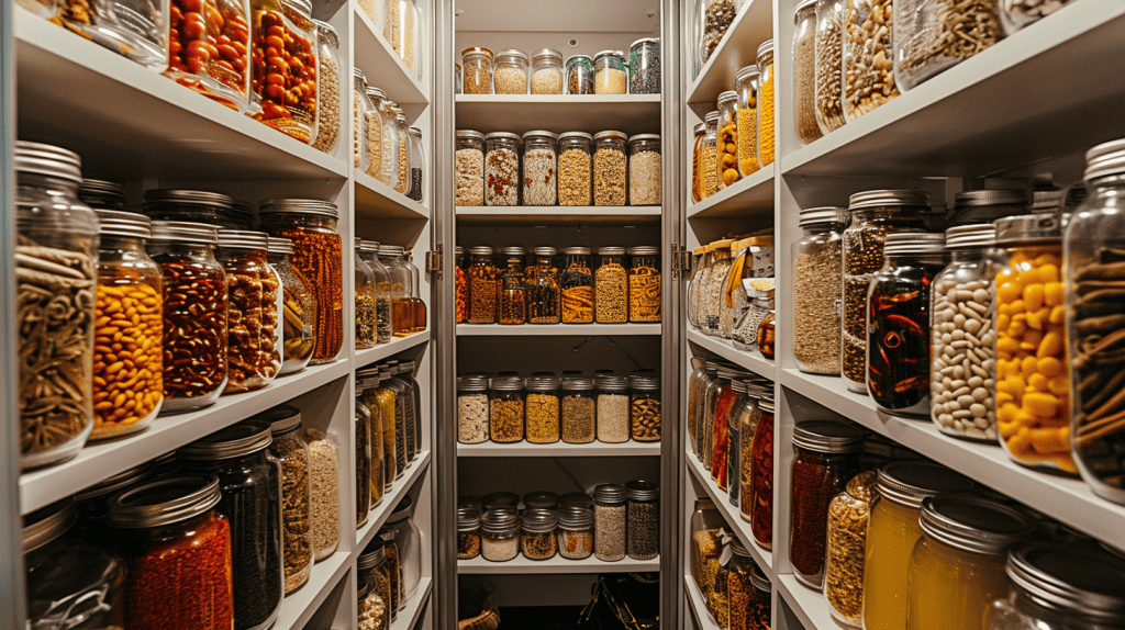 Neatly arranged pantry with canned goods and dry essentials.