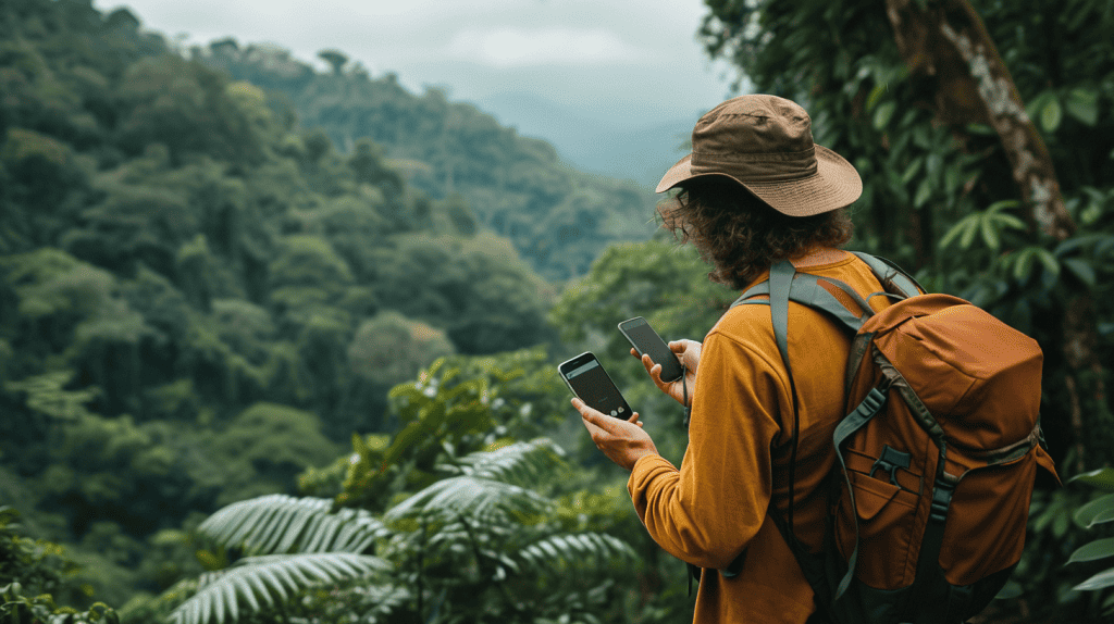 A man deciding which phone to use while traveling
