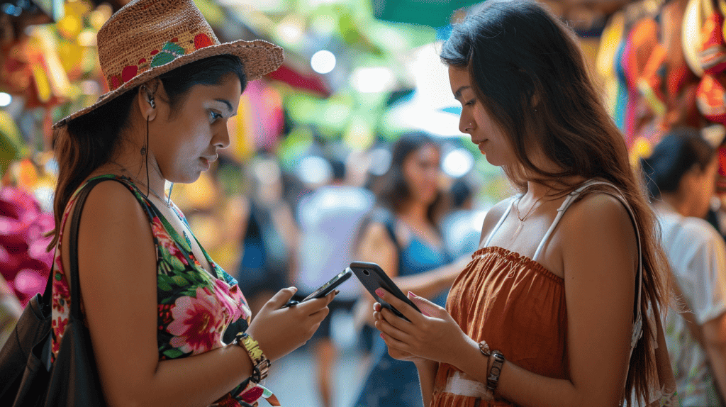 A mobile phone with multiple local SIM cards and a world map backdrop. Two woman using their smartphones in a busy marketplace