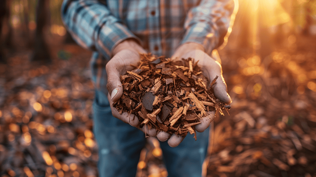 A gardener holding mulch in his hands