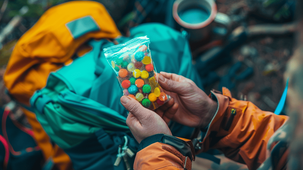 hiker holding freeze dried skittles