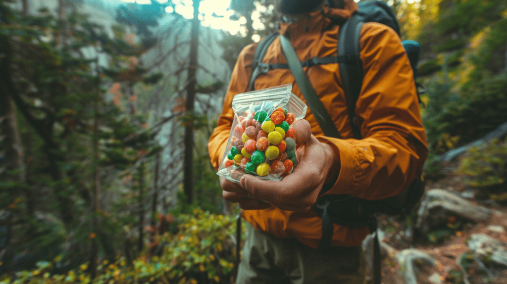 Hiker eating freeze dried skittles for a energy boost