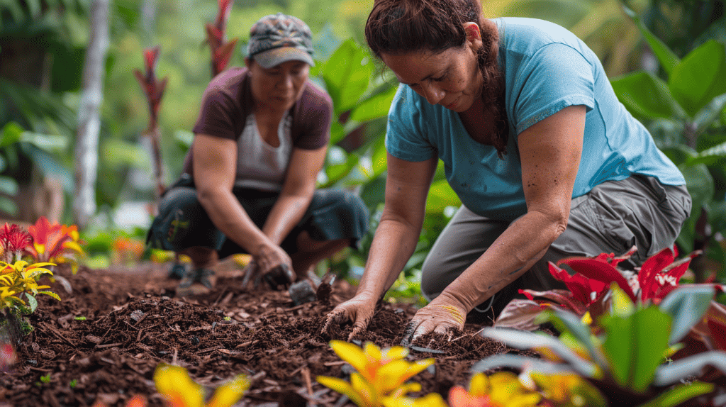 Ladies working in the garden with premium mulch